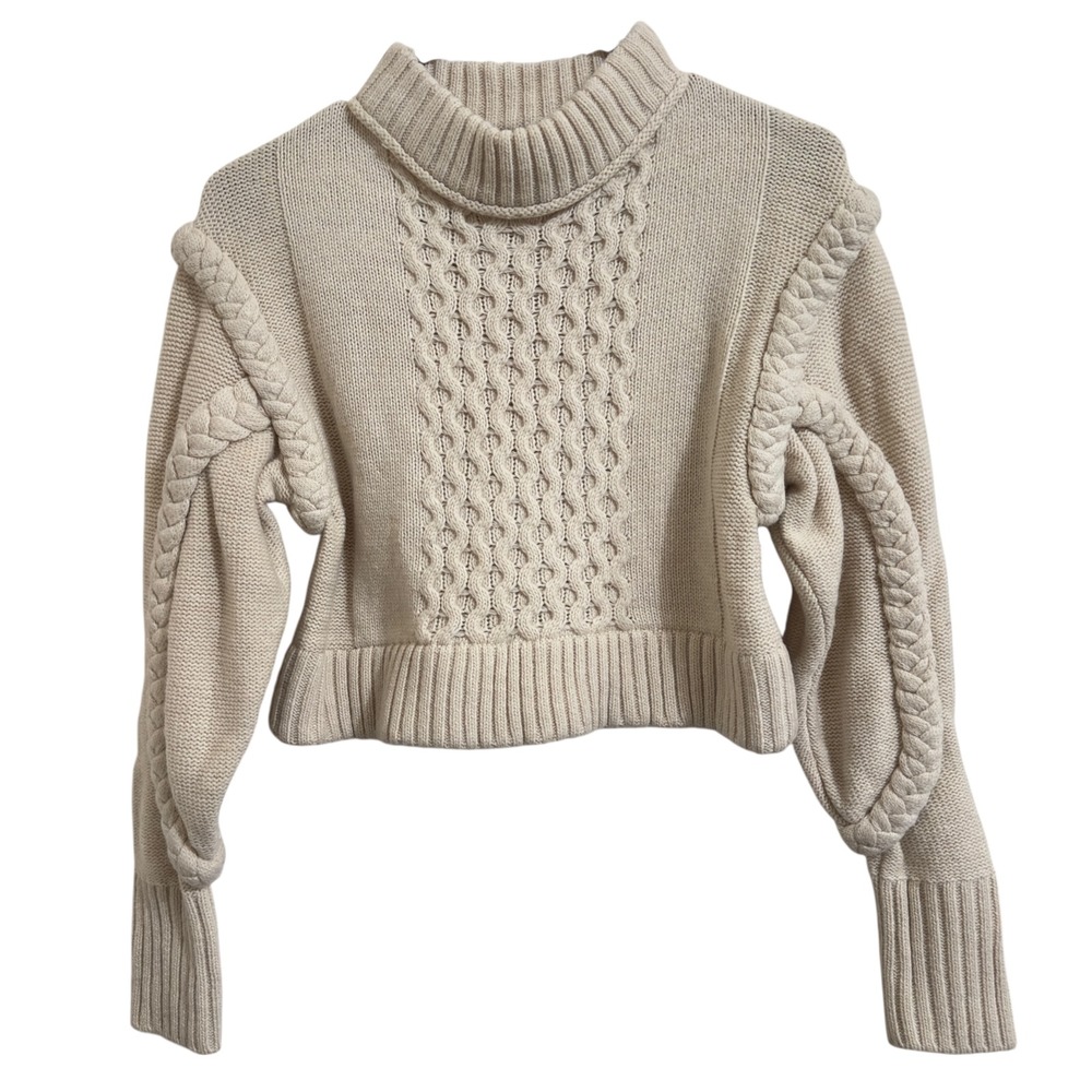 ZARA Cable Knit Mock Neck Cropped Sweater Women‎ Cream Wool Blend S Bloggers Fav